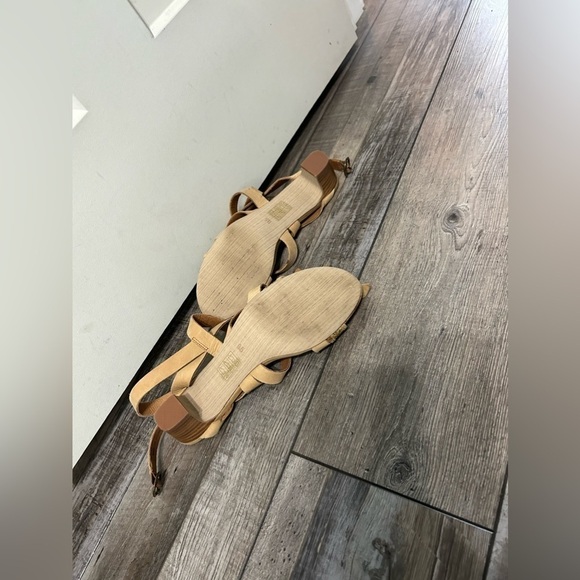 Anthropologie Schuler & Sons Ankle Strappy leather Sandal low heel gold weave - Picture 8 of 8